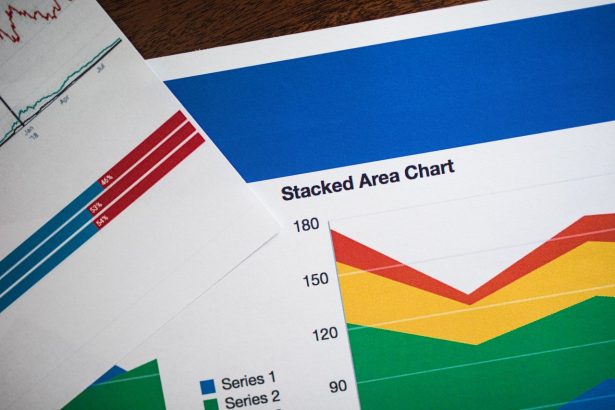 Gráficos coloridos em papel ilustrando análise de dados econômicos.