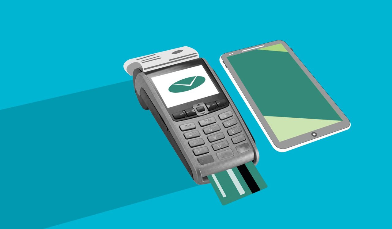 Ilustração de uma maquininha de pagamento e um cartão ao lado de um celular com aplicativo de transação financeira.