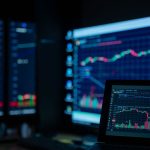 Monitores exibem gráficos e dados do mercado financeiro em uma sala de operações.